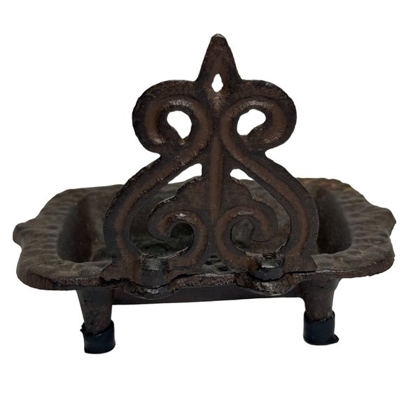 Vtg Cast Iron Soap Dish Holder Fleur De Lis Heavy Solid Rubber Feet Farm House - Picture 5 of 11